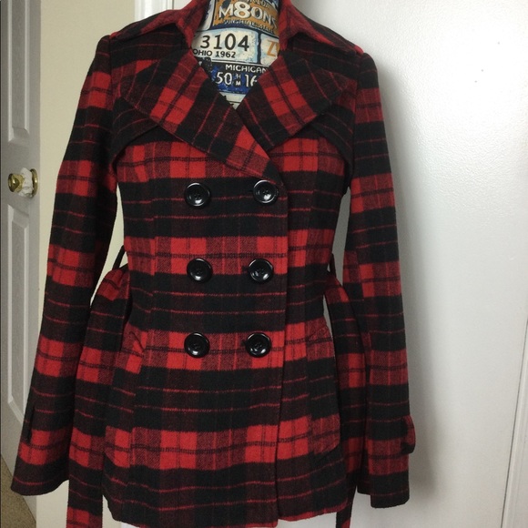 EUC Forever 21 Wool Blend plaid Pea  Coat, Red/Black - Picture 1 of 9